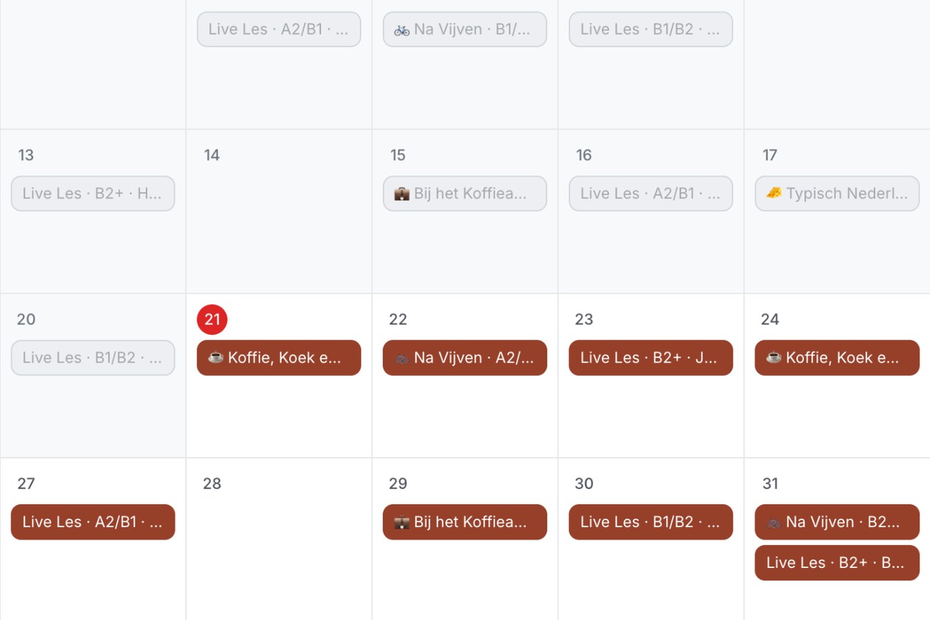 The Spreekwafel Circle calendar with speaking groups and live lessons per level